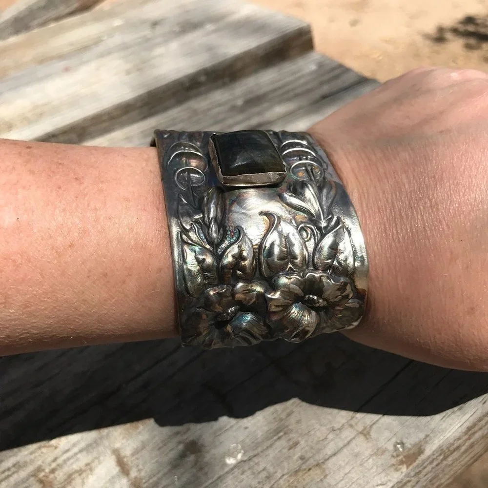 Labradorite Spectralite Sterling Silver 925 Cuff Bracelet Wide Floral Antique